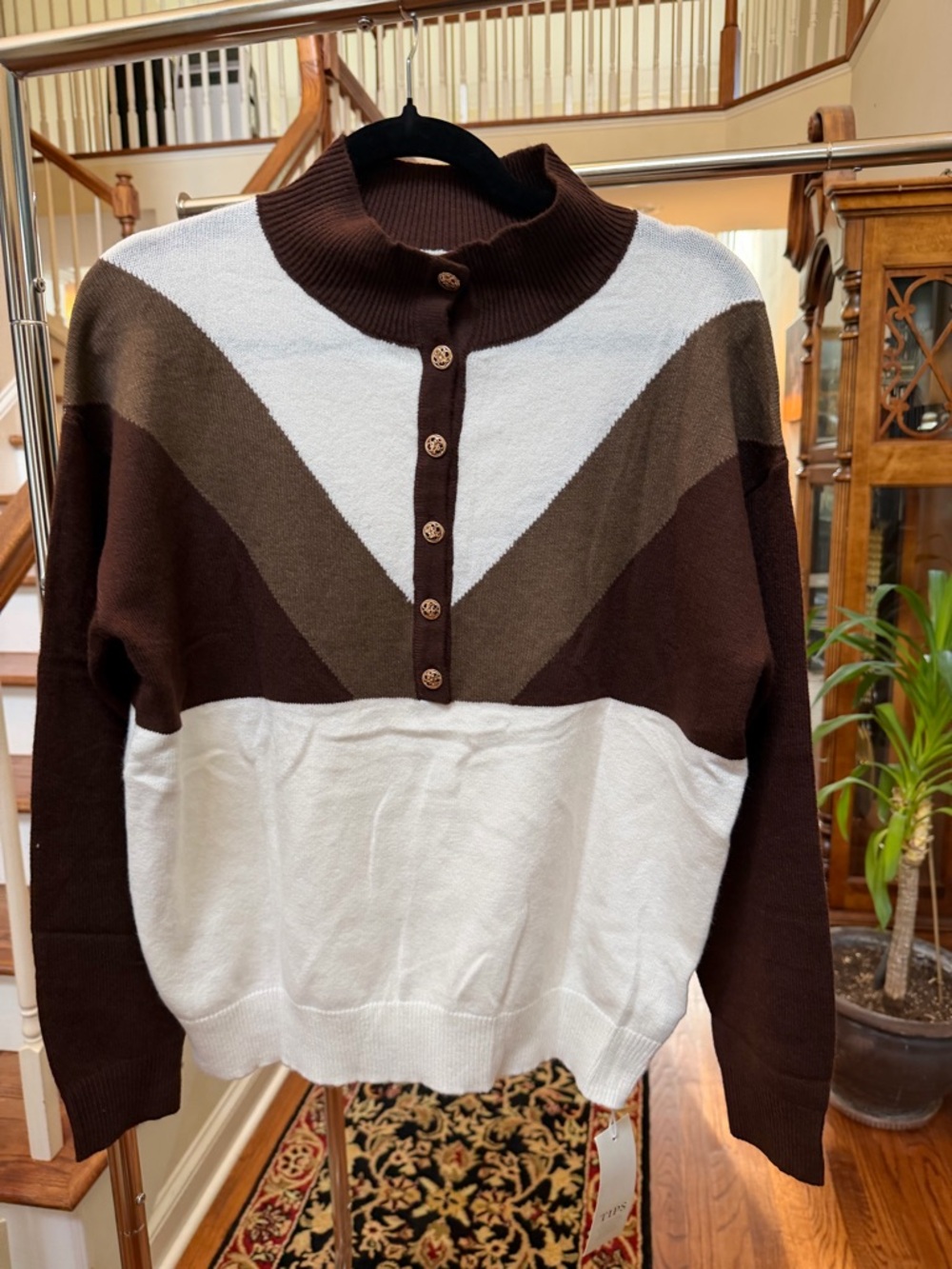 Colorblock Brown and White Button-Up Sweater Saodimallsu Amazon Brand